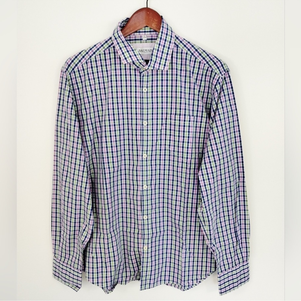 BALMAIN PARIS Plaid Check Cotton Mens Dress Shirt L 41-42 Office Casual Preppy